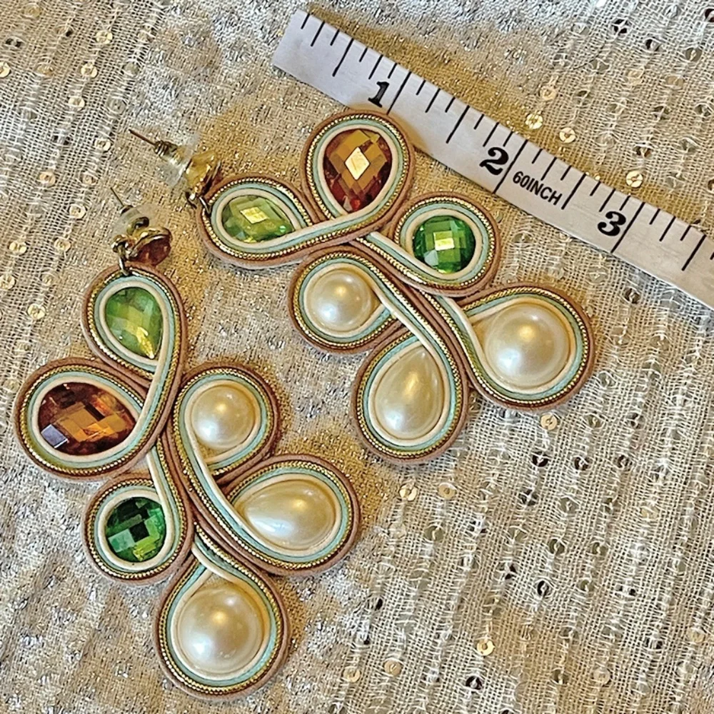 Handmade Soutache Statement Earrings Pearl Crystal Drop